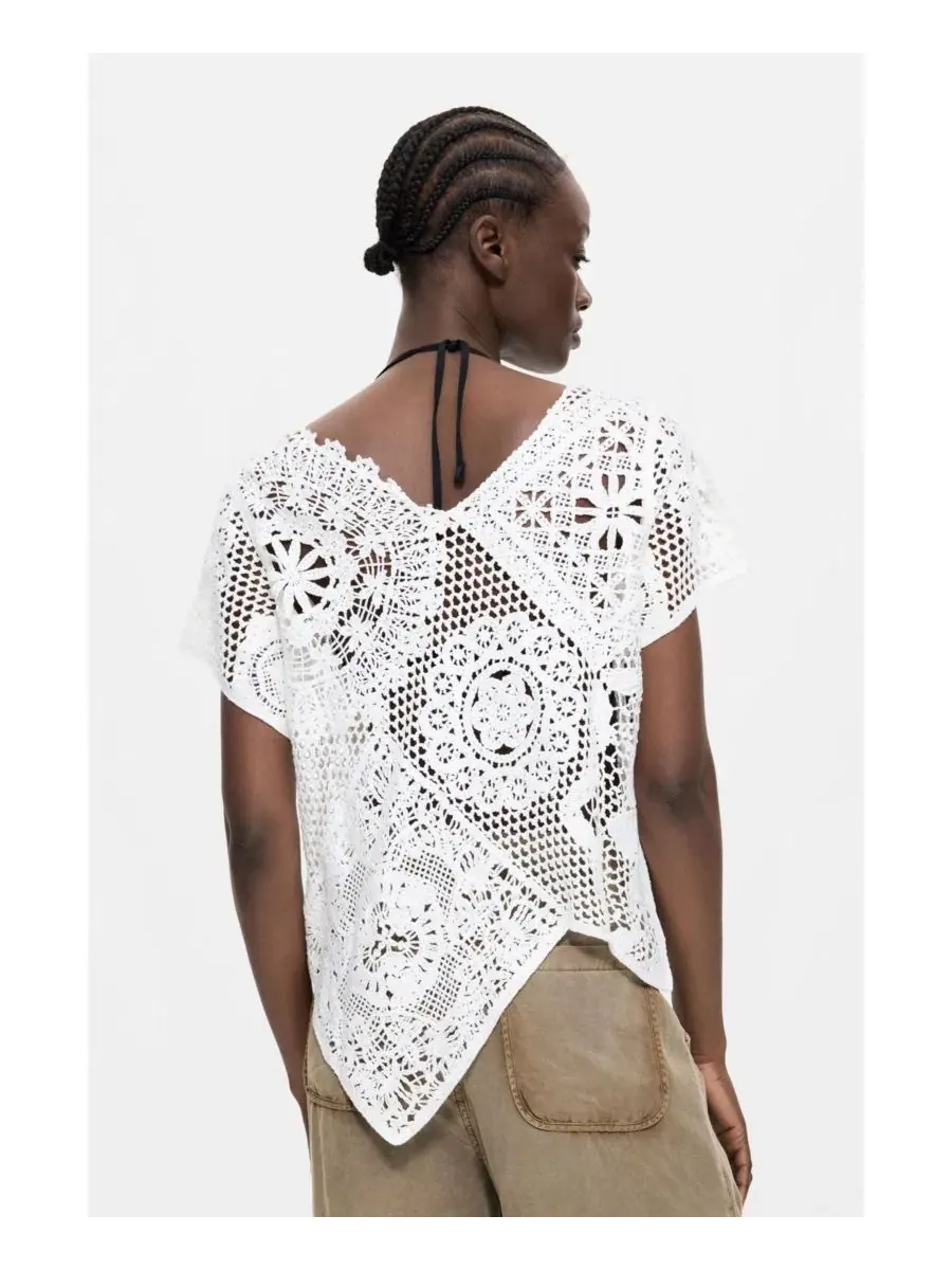 Футболка женская асимметричная из кружева с V-образным вырезом Desigual — изображение 3 из 4, белый