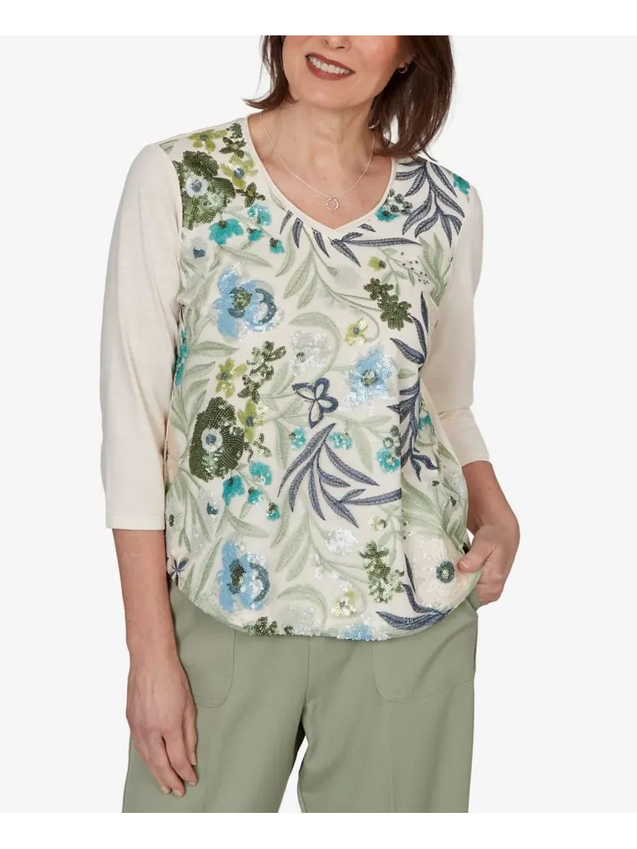 Топ с сеткой и цветочным принтом Sequined Floral Mesh Overlay Knit Top Alfred Dunner — изображение 1 из 5, белый