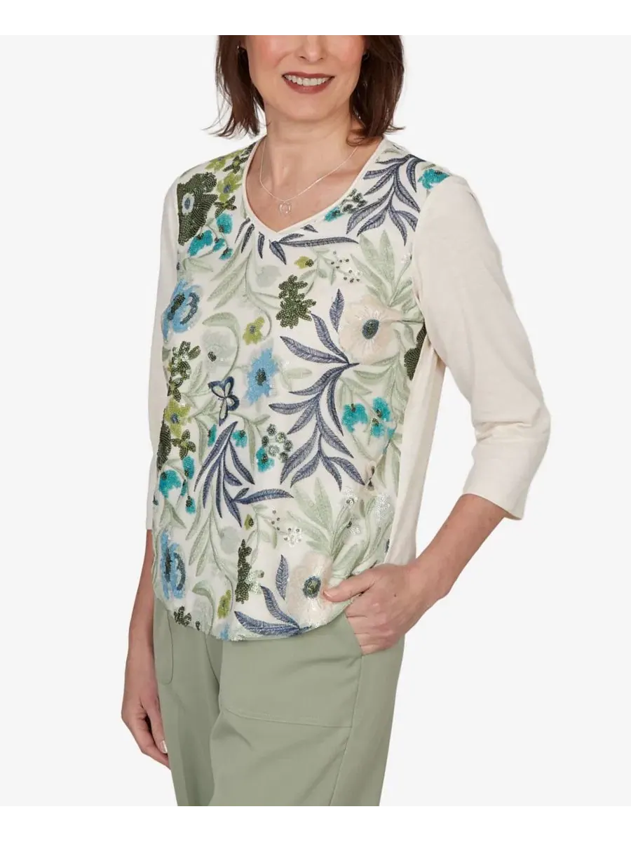 Топ с сеткой и цветочным принтом Sequined Floral Mesh Overlay Knit Top Alfred Dunner — изображение 2 из 5, белый