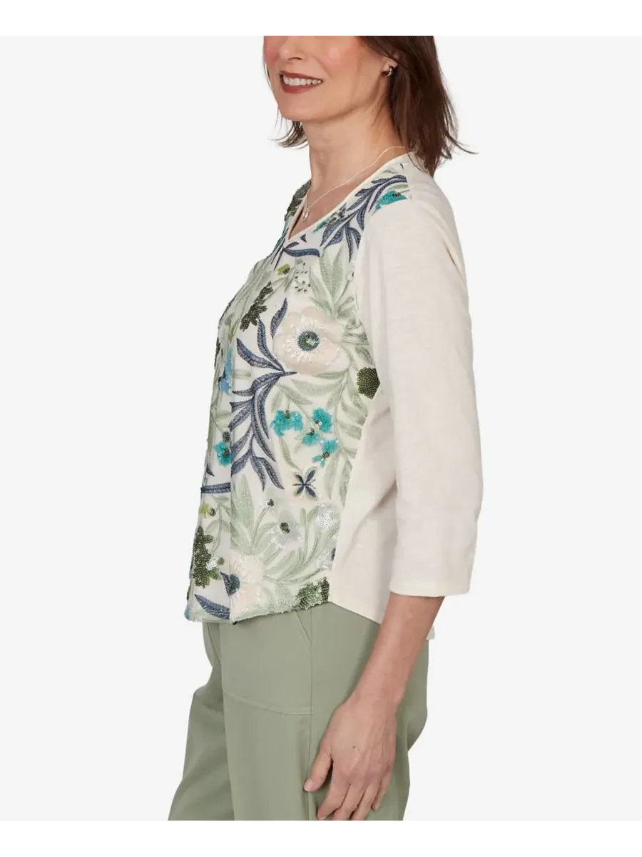 Топ с сеткой и цветочным принтом Sequined Floral Mesh Overlay Knit Top Alfred Dunner — изображение 3 из 5, белый