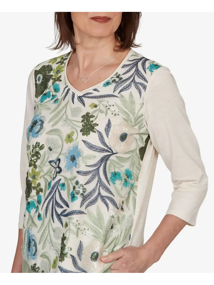 Топ с сеткой и цветочным принтом Sequined Floral Mesh Overlay Knit Top Alfred Dunner — изображение 4 из 5, белый