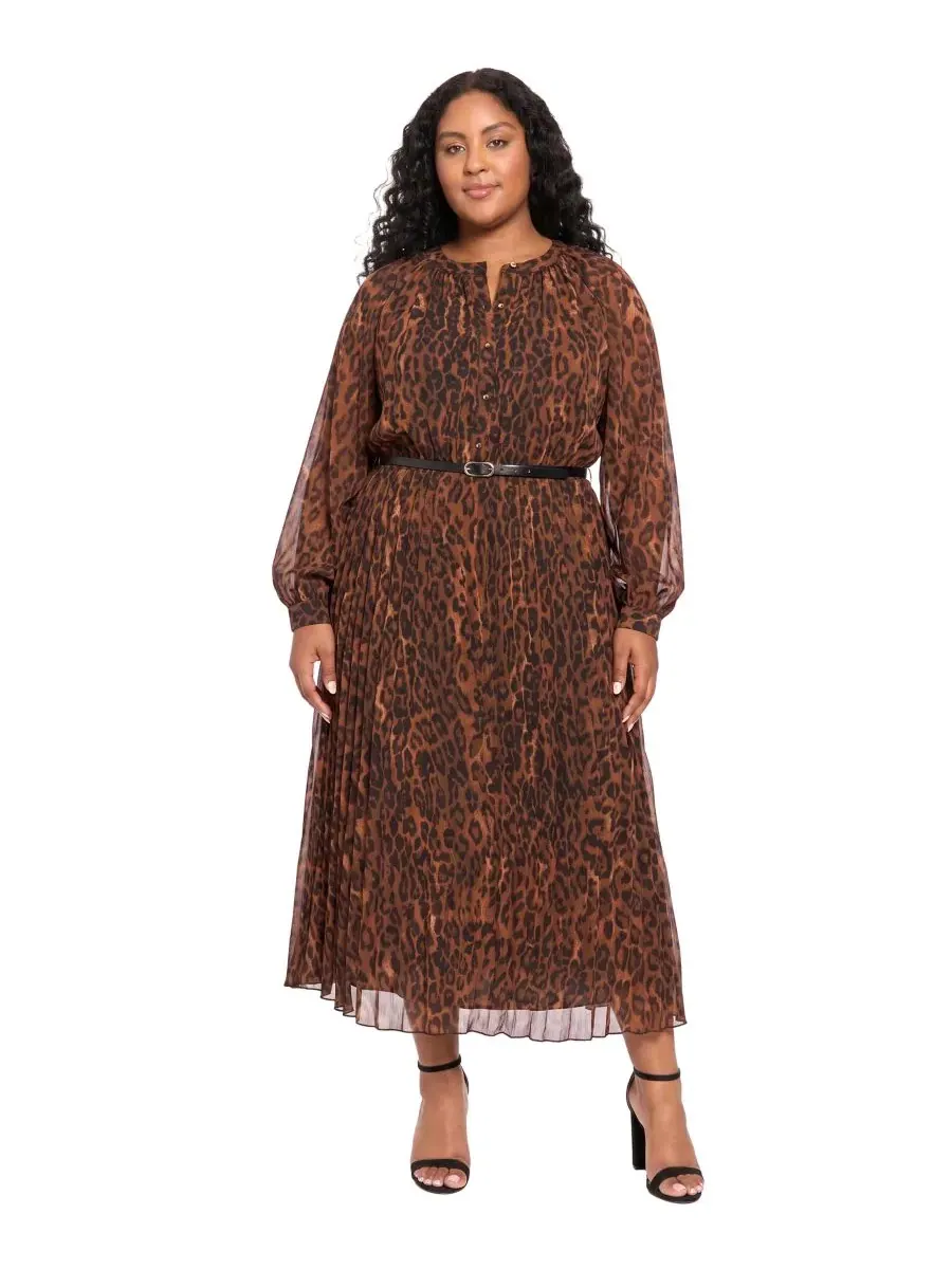 Платье-трапеция миди с принтом, модель Plus Size Pleated Skirt Belted Mid Animal-Print Chiffon — изображение 1 из 3