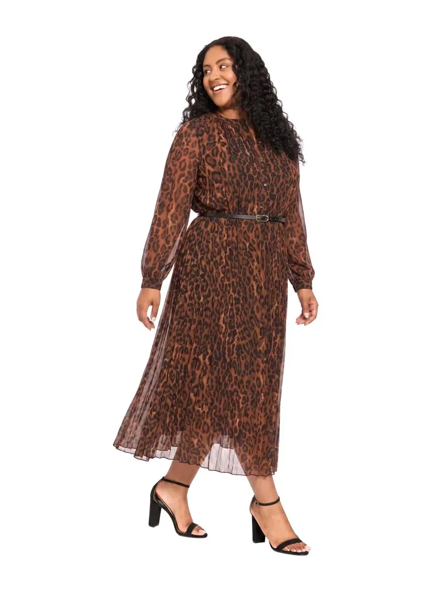 Платье-трапеция миди с принтом, модель Plus Size Pleated Skirt Belted Mid Animal-Print Chiffon — изображение 2 из 3