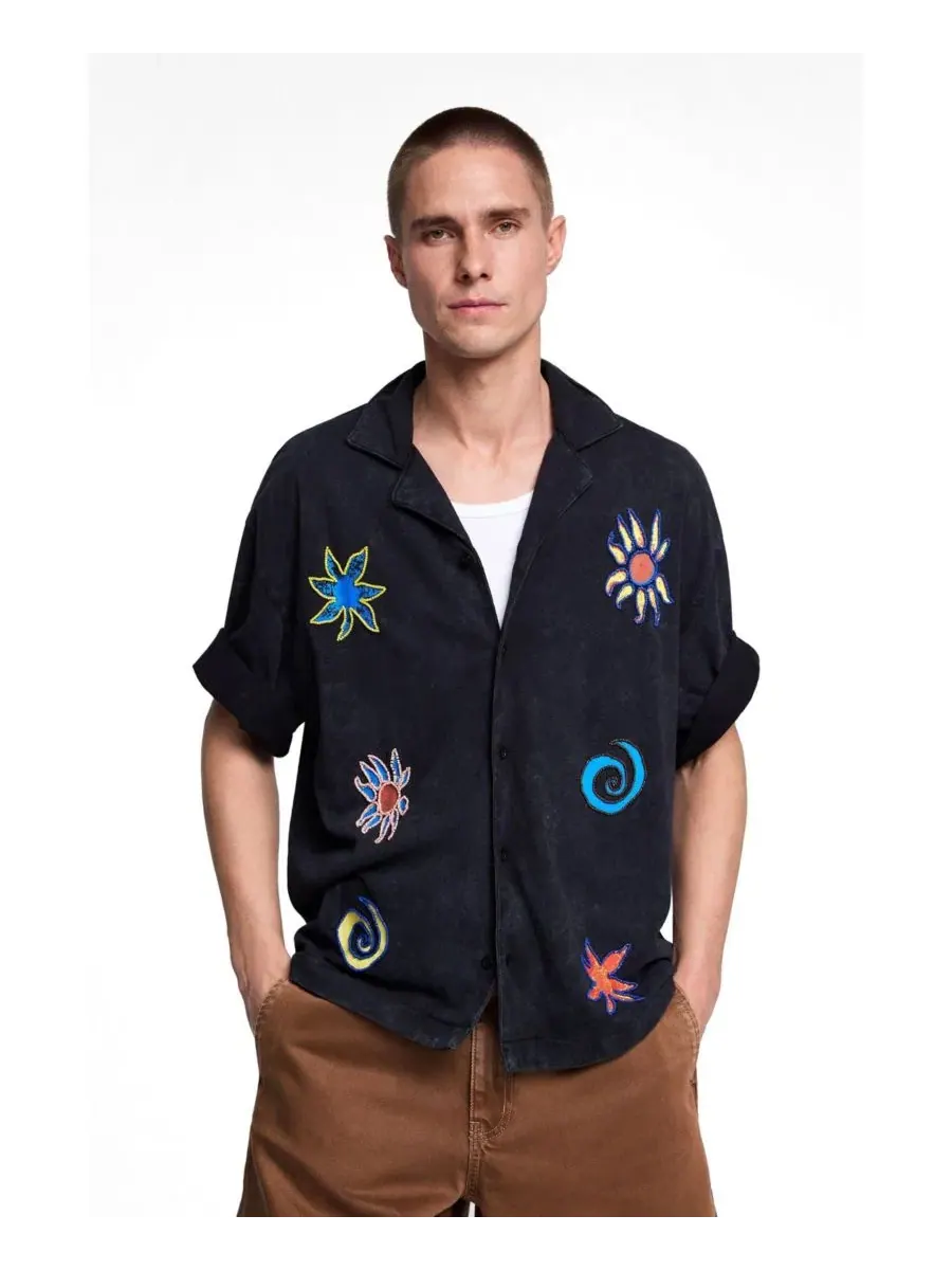 Мужская хлопковая рубашка с вышивкой солнца и луны Desigual