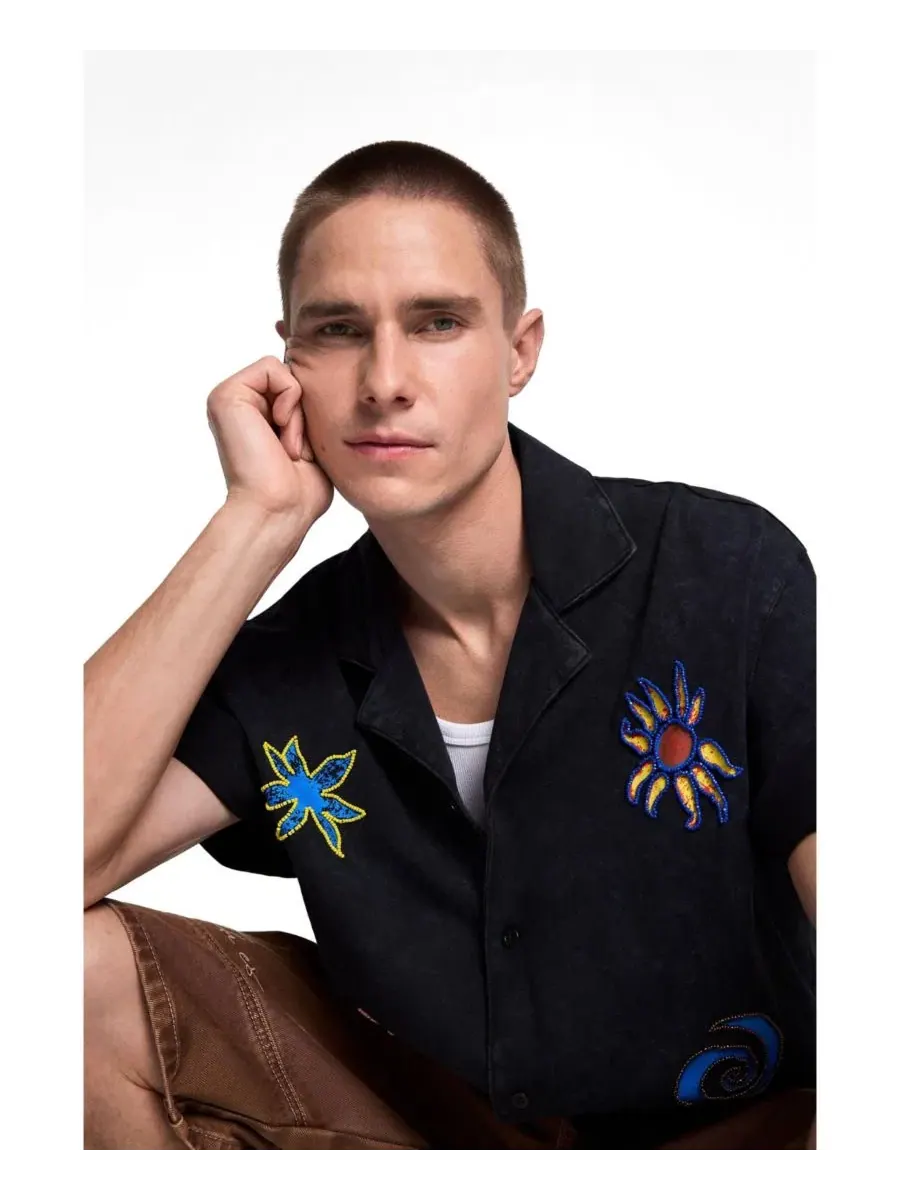 Мужская хлопковая рубашка с вышивкой солнца и луны Desigual — изображение 3 из 5, черный