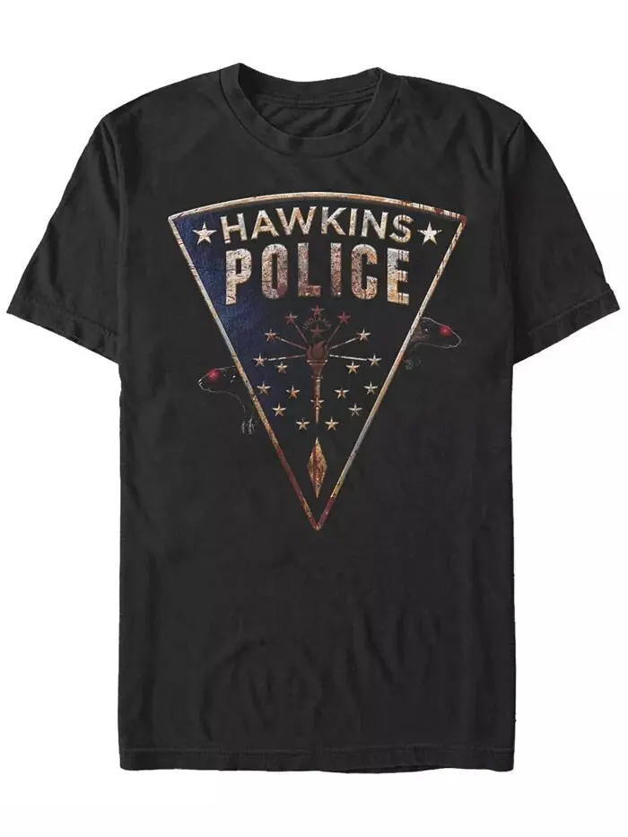 Футболка мужская с коротким рукавом и нашивкой Hawkins Police Rats из сериала «Очень странные дела» — изображение 1 из 1