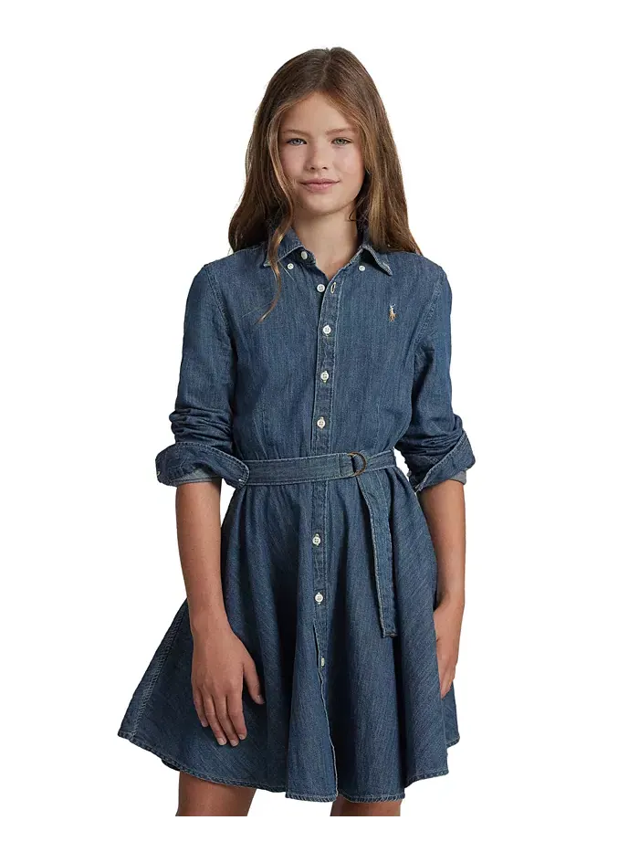 Джинсовое хлопковое платье-рубашка с поясом для девочек Polo Ralph Lauren — изображение 1 из 6, синий