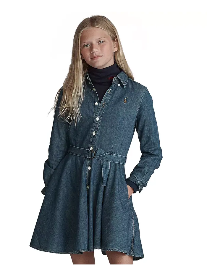Джинсовое хлопковое платье-рубашка с поясом для девочек Polo Ralph Lauren — изображение 2 из 6, синий