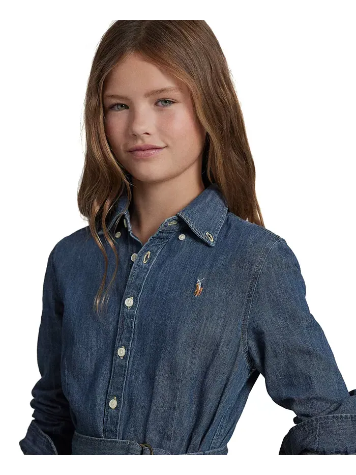 Джинсовое хлопковое платье-рубашка с поясом для девочек Polo Ralph Lauren — изображение 4 из 6, синий