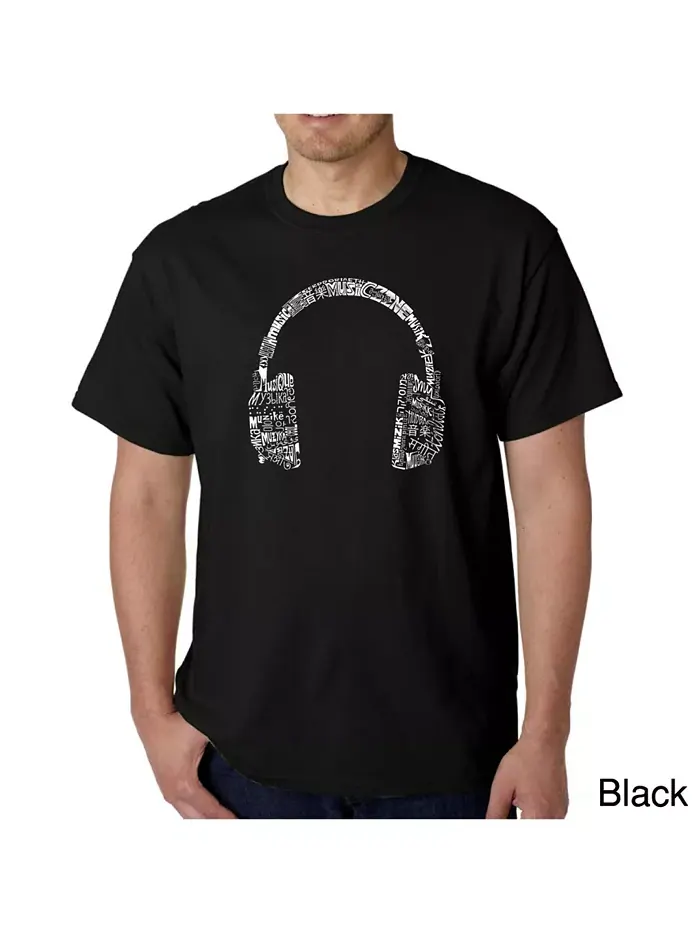 Мужская футболка с принтом - Headphones - Music in Different Languages LA Pop Art — изображение 1 из 3, черный