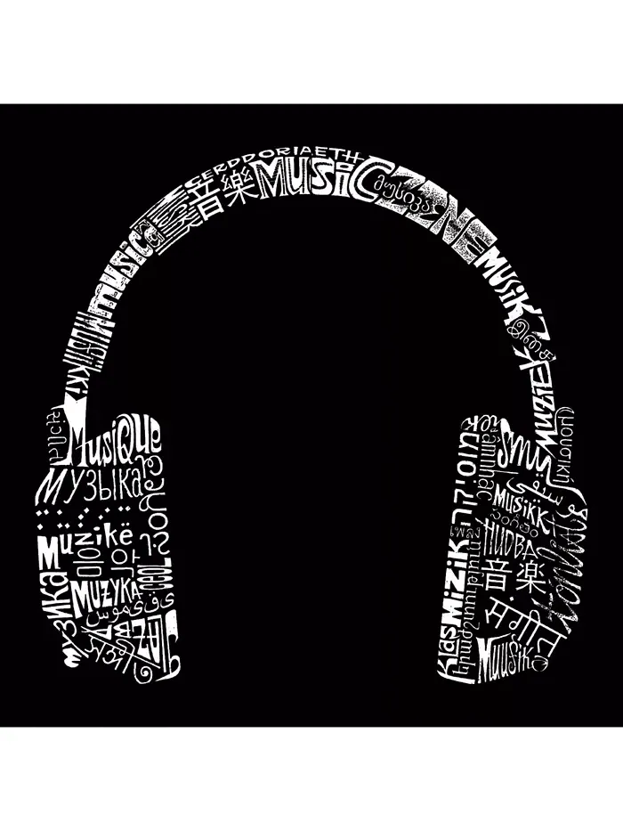 Мужская футболка с принтом - Headphones - Music in Different Languages LA Pop Art — изображение 2 из 3, черный