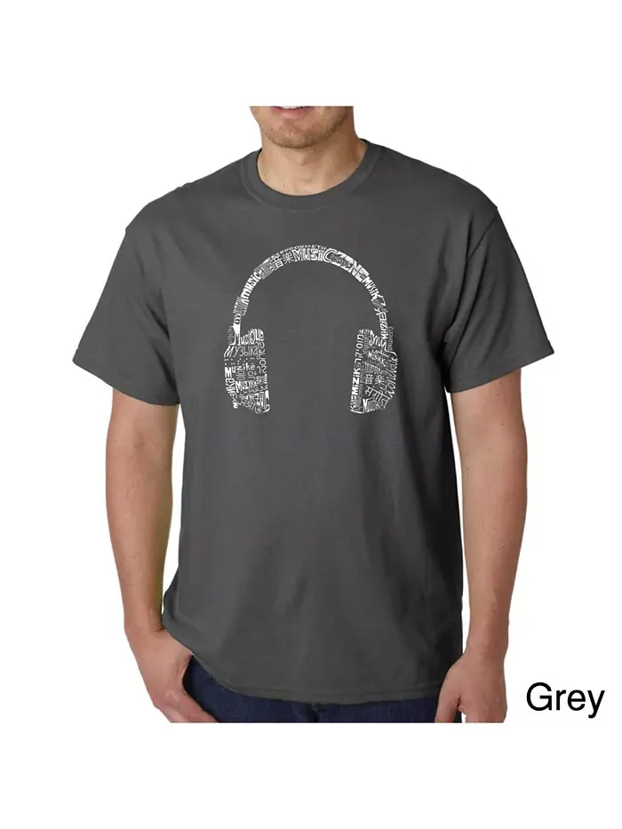 Мужская футболка с принтом - Headphones - Music in Different Languages LA Pop Art — изображение 3 из 3, черный