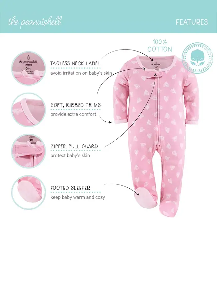 Комплект пижам Sleep n Play Footed для девочек, 6-9 месяцев, для новорожденных, 3 шт The Peanutshell — изображение 6 из 7