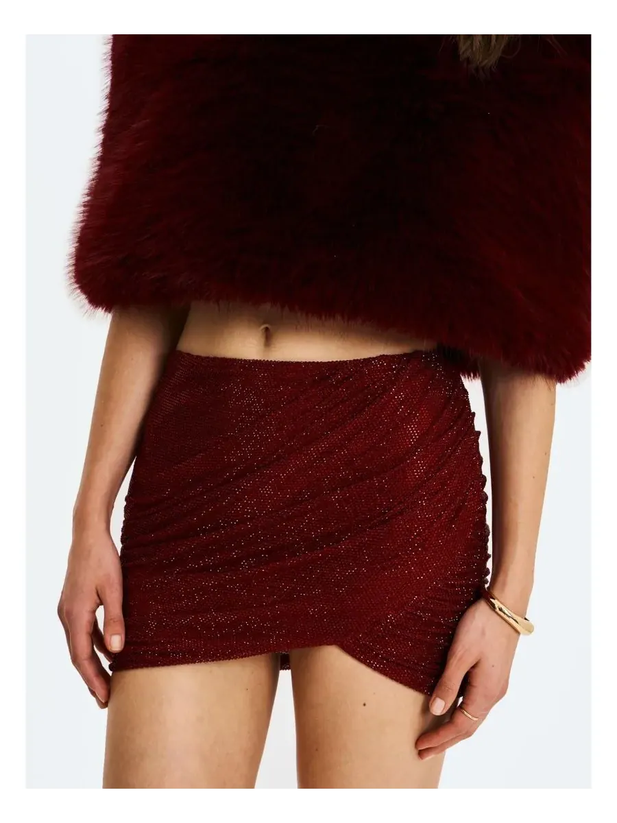 Miss Circle Женская юбка Darleen Crimson Rhinestone Mesh с заниженной талией и сборками — изображение 4 из 10, бордовый