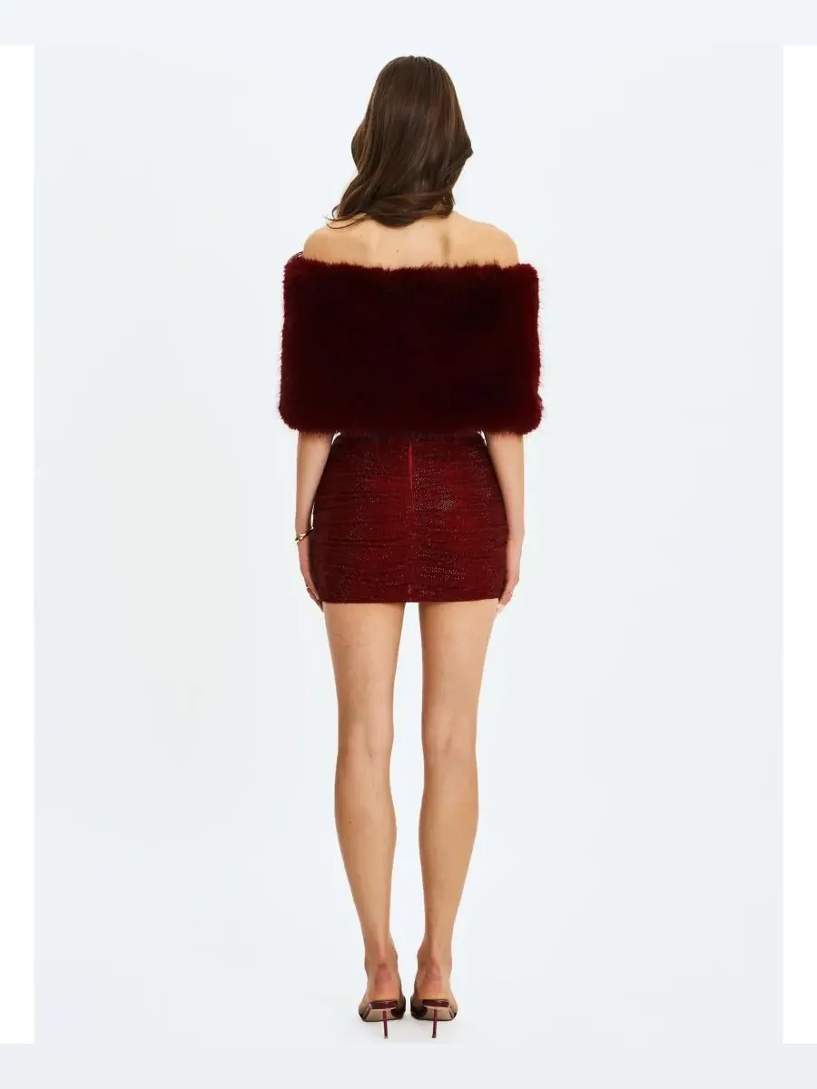Miss Circle Женская юбка Darleen Crimson Rhinestone Mesh с заниженной талией и сборками — изображение 6 из 10, бордовый