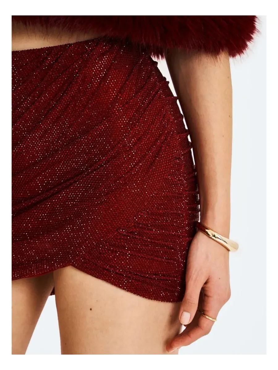 Miss Circle Женская юбка Darleen Crimson Rhinestone Mesh с заниженной талией и сборками — изображение 7 из 10, бордовый