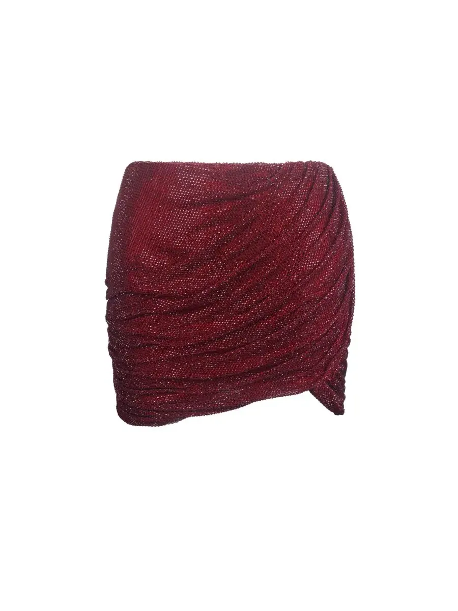 Miss Circle Женская юбка Darleen Crimson Rhinestone Mesh с заниженной талией и сборками — изображение 8 из 10, бордовый