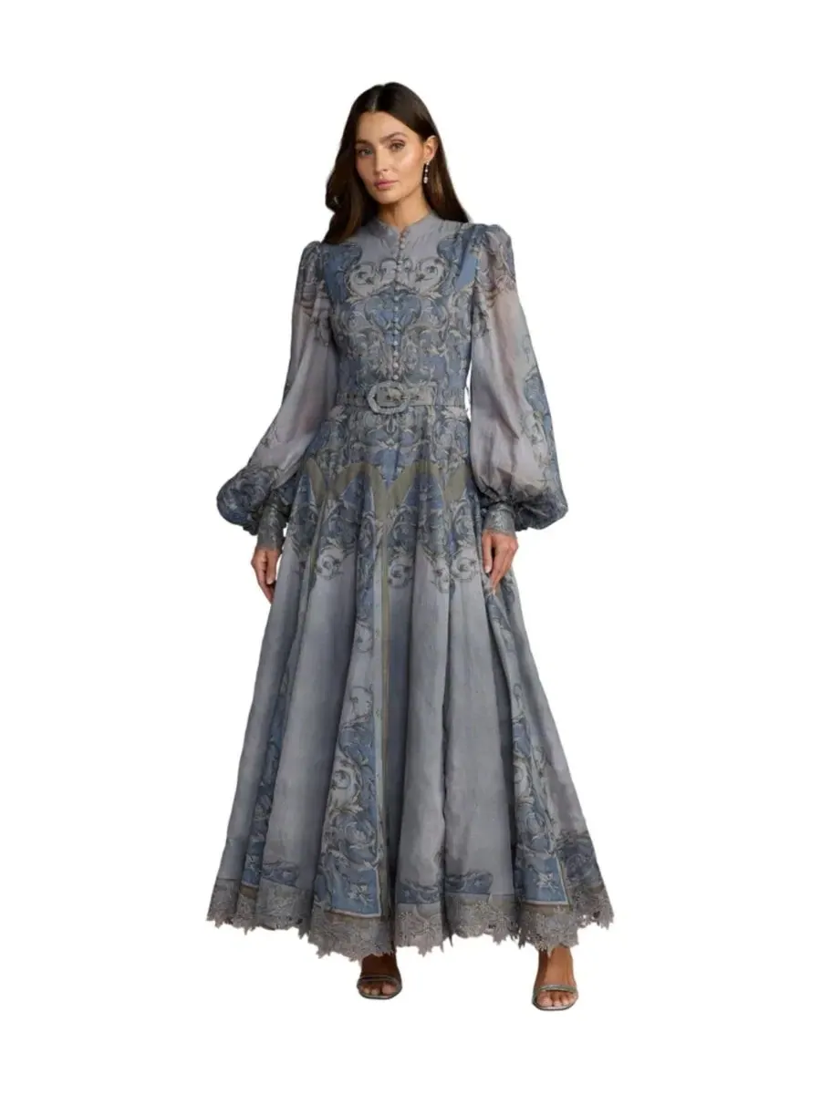 Платье-трапеция с рукавом-фонарик и принтом барокко, модель Petite Baroque Print Bishop Sleeve — изображение 1 из 3, синий