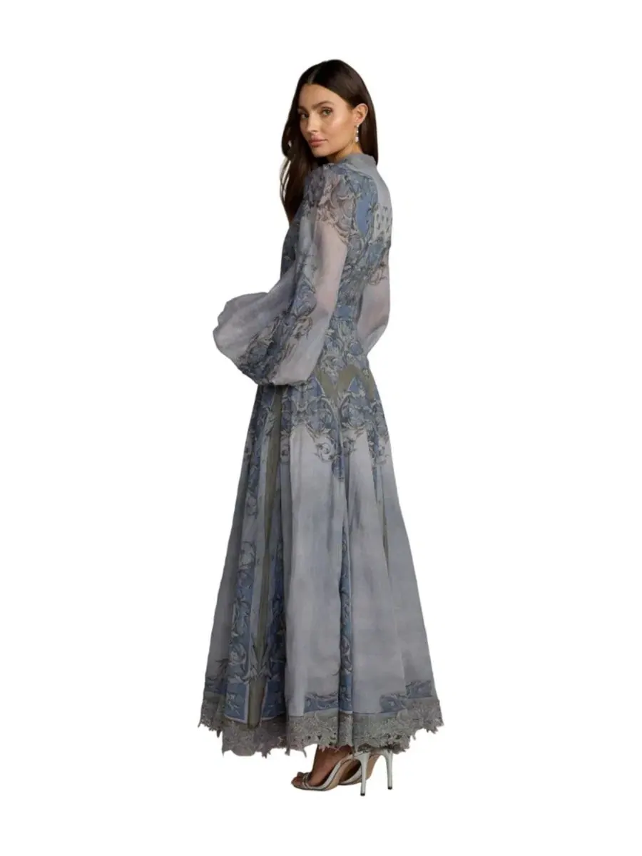 Платье-трапеция с рукавом-фонарик и принтом барокко, модель Petite Baroque Print Bishop Sleeve — изображение 2 из 3, синий
