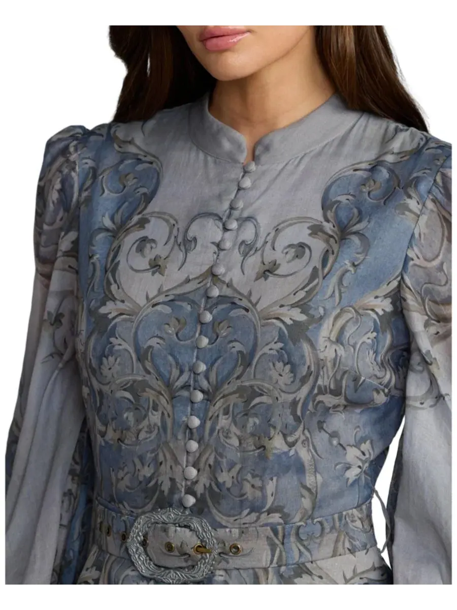 Платье-трапеция с рукавом-фонарик и принтом барокко, модель Petite Baroque Print Bishop Sleeve — изображение 3 из 3, синий