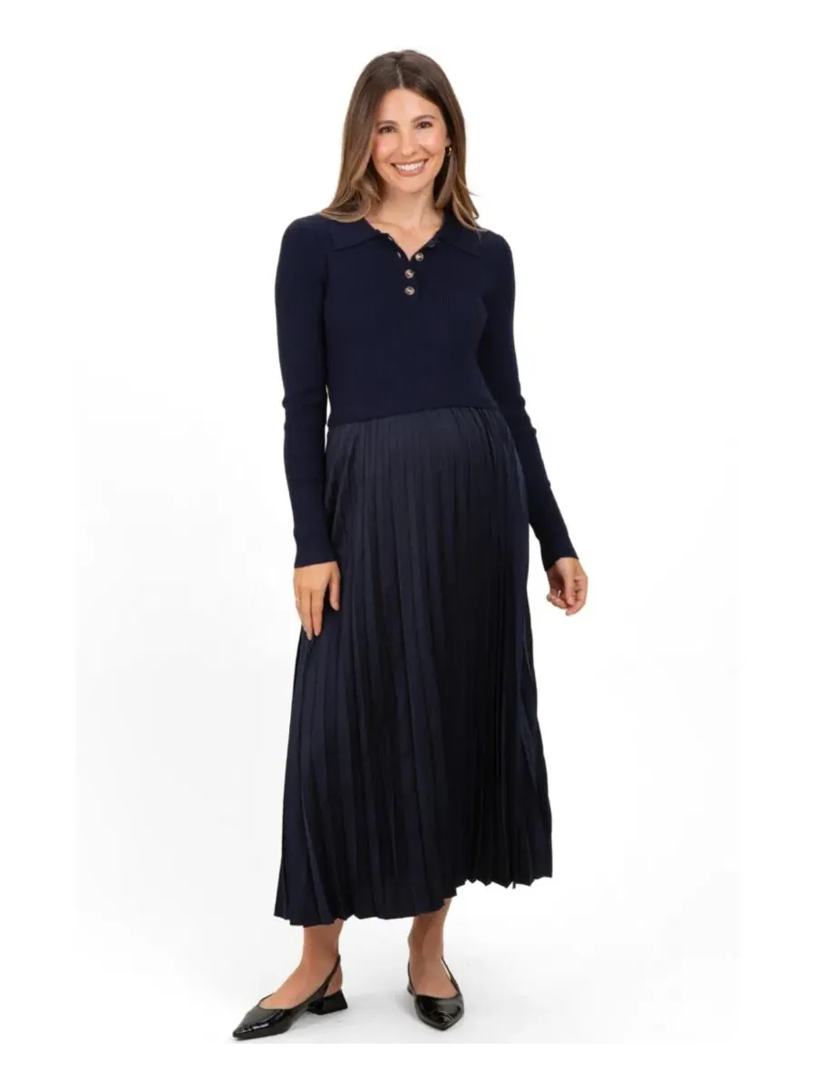 Платье для беременных миди с воротником и плиссированной юбкой Navy Collared Knit Contrast Pleated — изображение 1 из 4