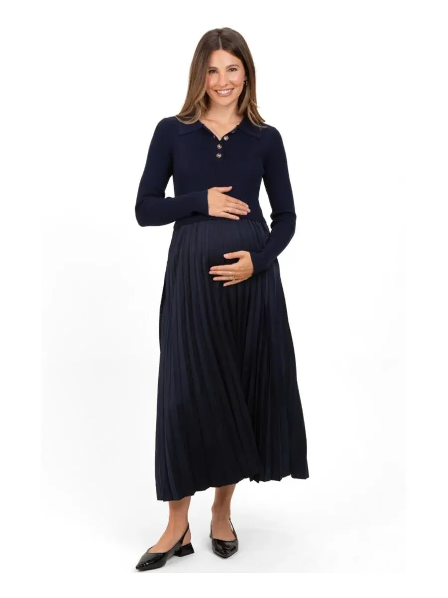 Платье для беременных миди с воротником и плиссированной юбкой Navy Collared Knit Contrast Pleated — изображение 2 из 4