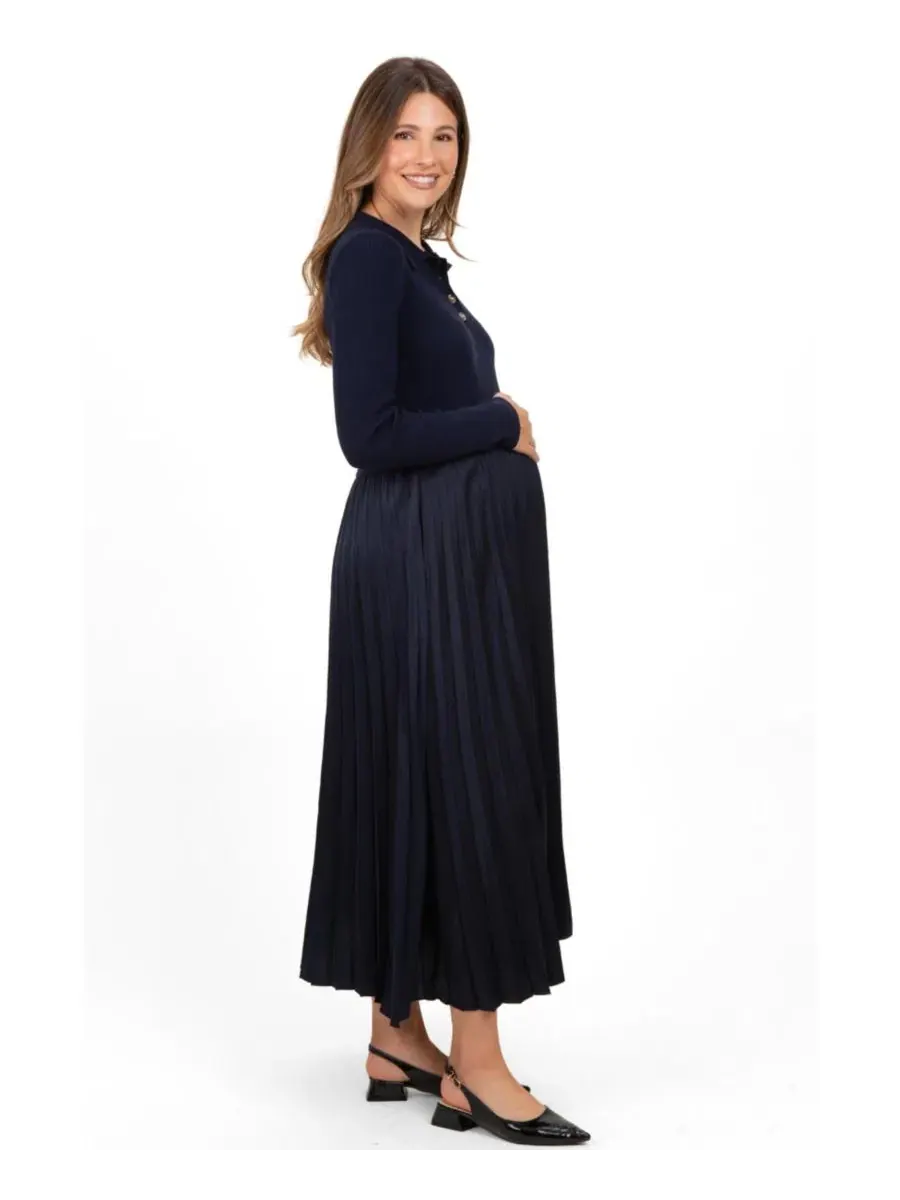 Платье для беременных миди с воротником и плиссированной юбкой Navy Collared Knit Contrast Pleated — изображение 3 из 4