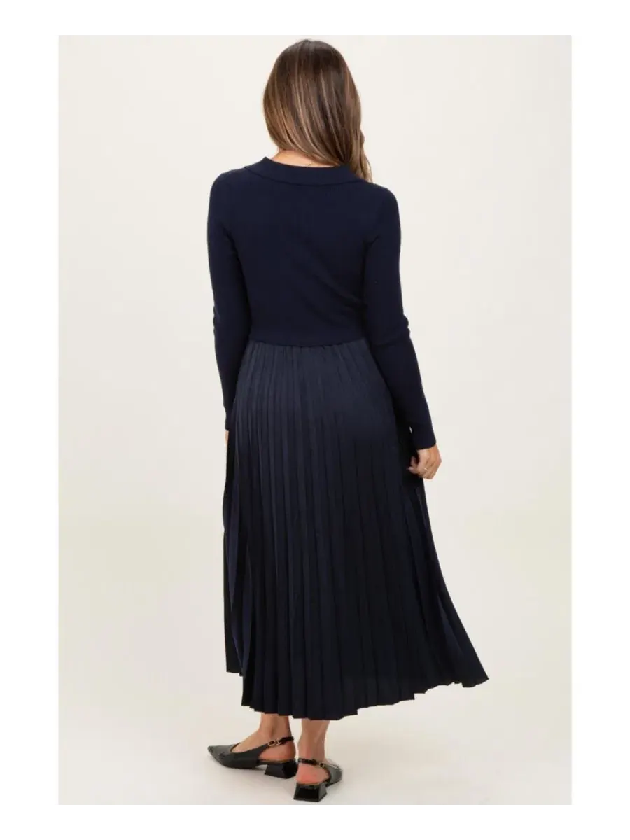 Платье для беременных миди с воротником и плиссированной юбкой Navy Collared Knit Contrast Pleated — изображение 4 из 4