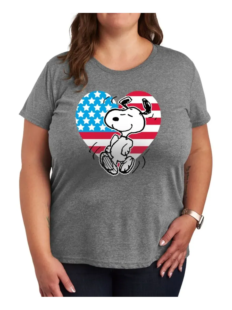 Футболка с круглым вырезом и графическим принтом «Peanuts Snoopy Americana» для полных женщин — изображение 1 из 3, серый