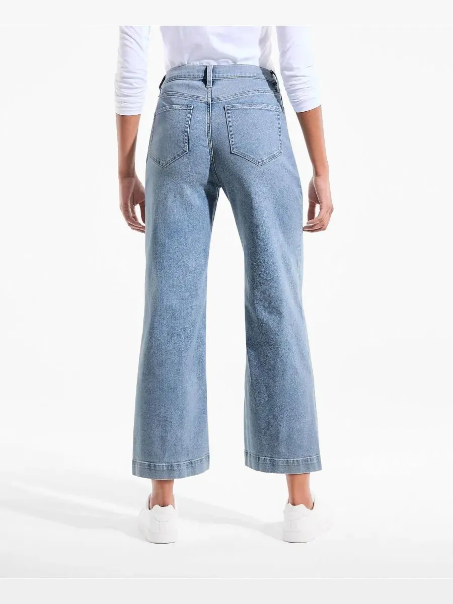 Женские джинсы Recover Denim с высокой посадкой и широкими штанинами, укороченные Lands' End — изображение 2 из 4, синий
