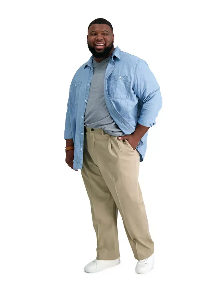 Мужские брюки классического кроя Big & Tall Premium No Iron Khaki со складками, скрытой эластичной