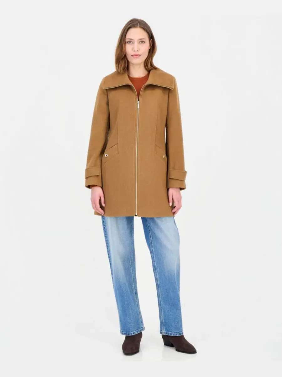 Пальто из шерстяной смеси с капюшоном Michael Kors Petite Wool-Blend Zip-Front Coat, Dk Camel