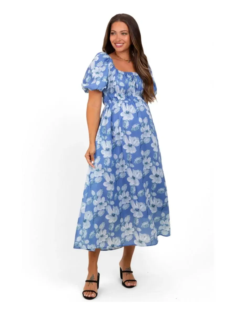 Платье миди для беременных с принтом, с квадратным вырезом и рукавами-фонариками Pinkblush — изображение 2 из 3, синий