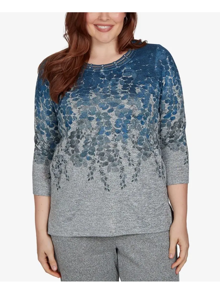 Топ с принтом Falling Leaves Pocket Knit Alfred Dunner — изображение 1 из 5, джинсовый синий