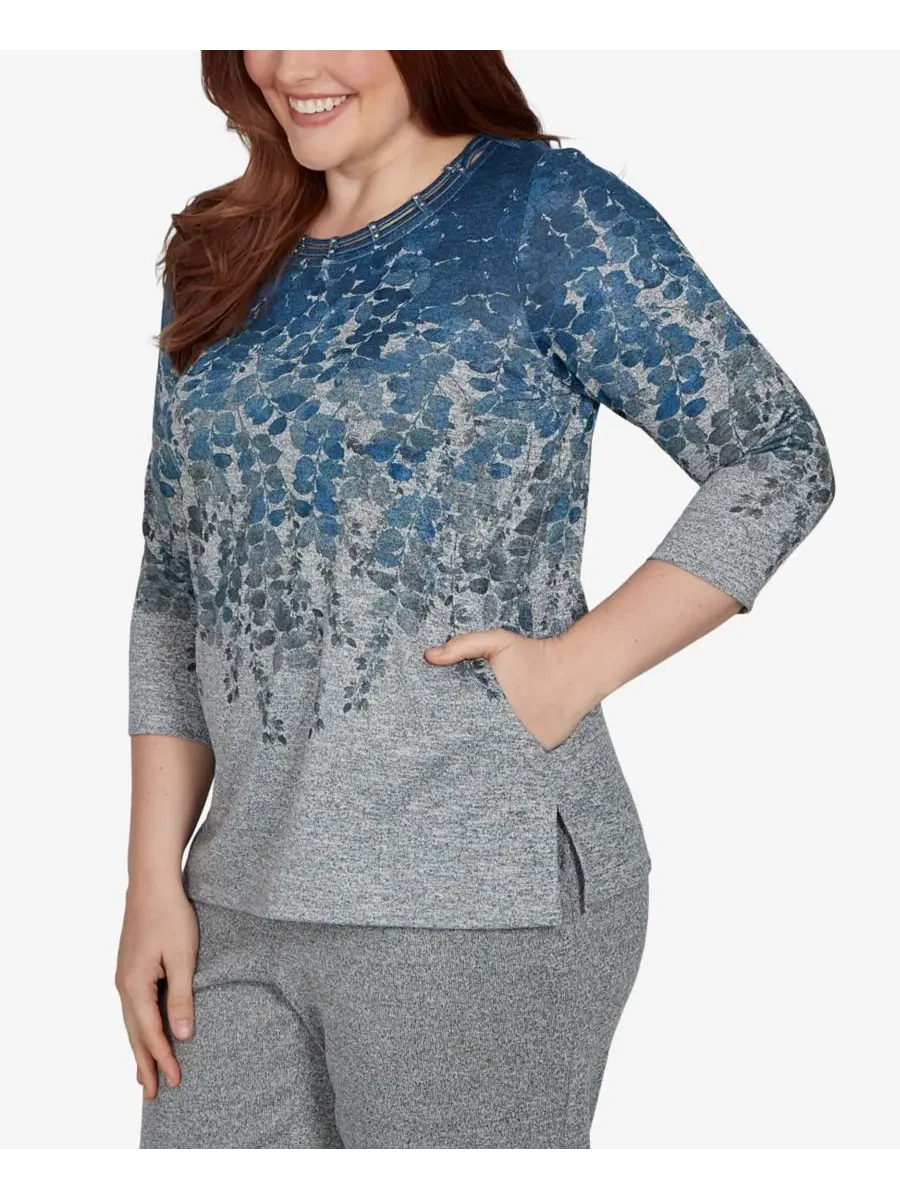 Топ с принтом Falling Leaves Pocket Knit Alfred Dunner — изображение 2 из 5, джинсовый синий