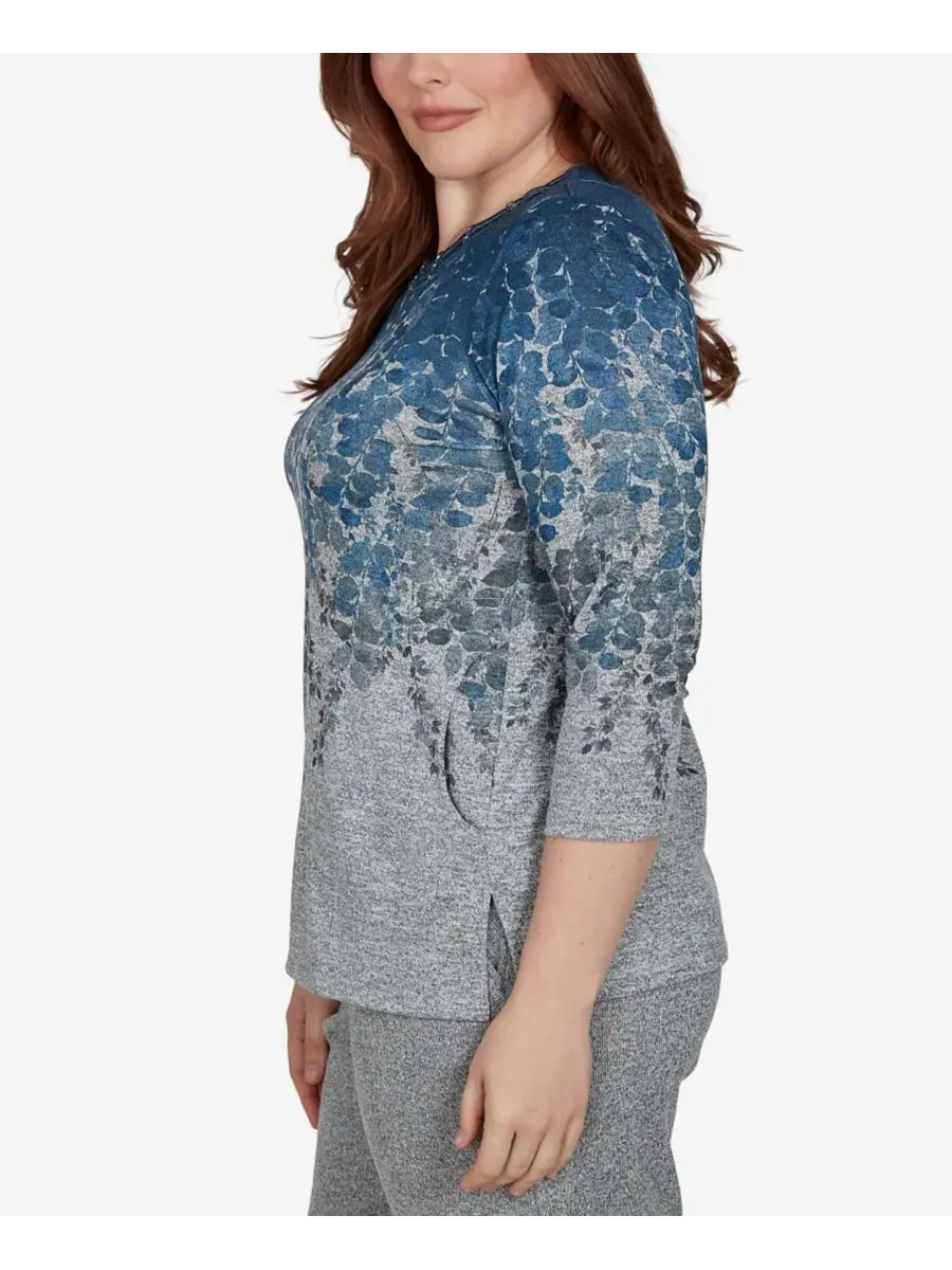 Топ с принтом Falling Leaves Pocket Knit Alfred Dunner — изображение 3 из 5, джинсовый синий