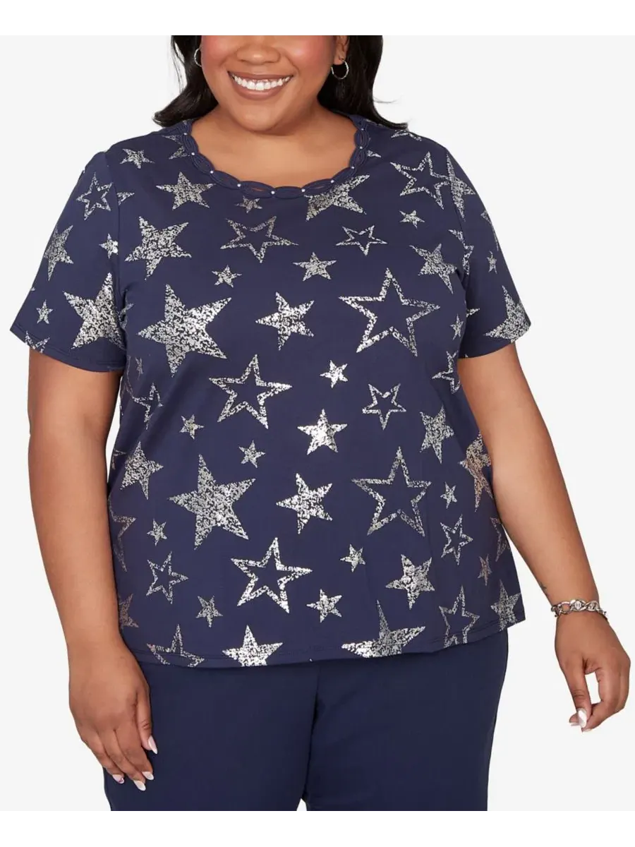 Футболка с принтом и блестками Lady Liberty Sparkling Foil Stars Crewneck Alfred Dunner — изображение 1 из 5, темно-синий