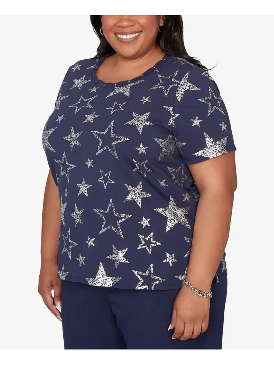 Футболка с принтом и блестками Lady Liberty Sparkling Foil Stars Crewneck Alfred Dunner — изображение 2 из 5, темно-синий