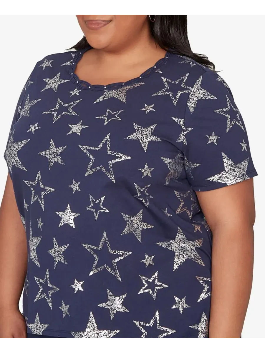 Футболка с принтом и блестками Lady Liberty Sparkling Foil Stars Crewneck Alfred Dunner — изображение 4 из 5, темно-синий