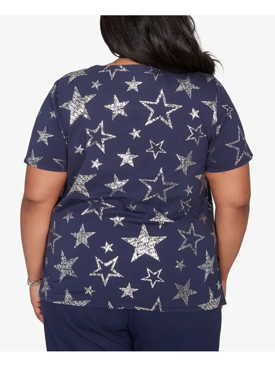 Футболка с принтом и блестками Lady Liberty Sparkling Foil Stars Crewneck Alfred Dunner — изображение 5 из 5, темно-синий