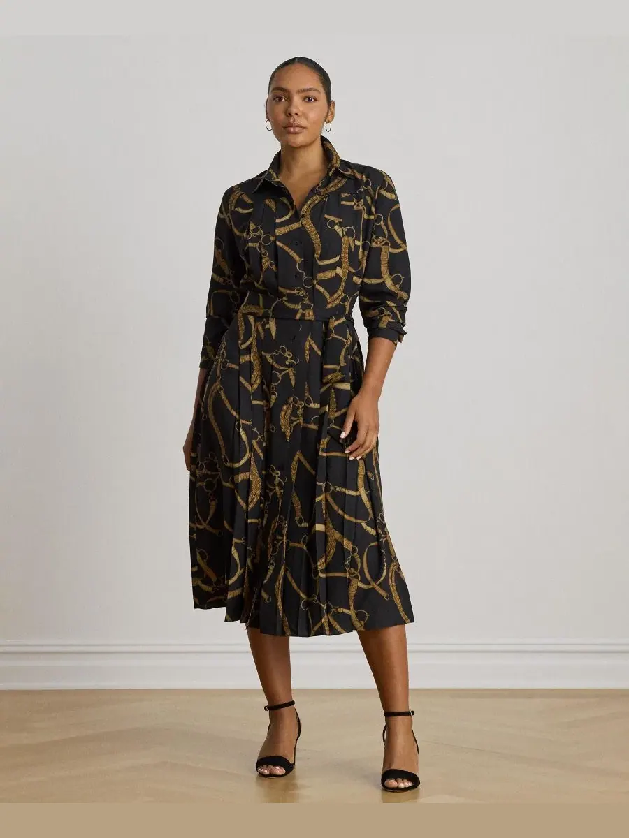 Платье-рубашка с поясом Belting Print Pleated Lauren Ralph Lauren — изображение 2 из 7, черный/бежевый