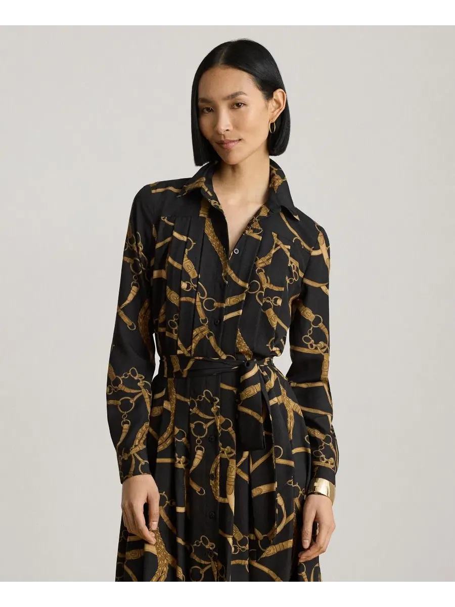 Платье-рубашка с поясом Belting Print Pleated Lauren Ralph Lauren — изображение 3 из 7, черный/бежевый