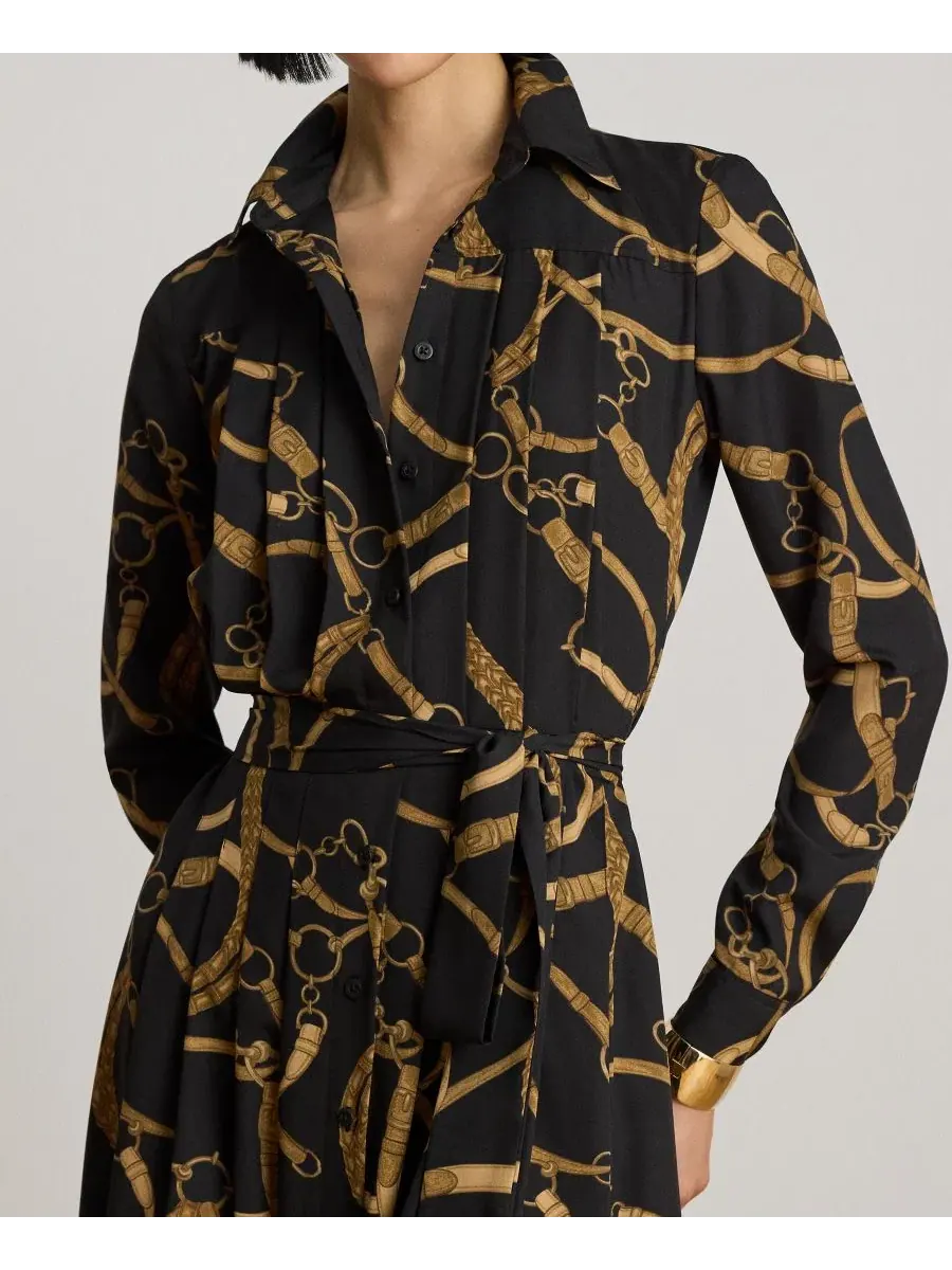Платье-рубашка с поясом Belting Print Pleated Lauren Ralph Lauren — изображение 4 из 7, черный/бежевый