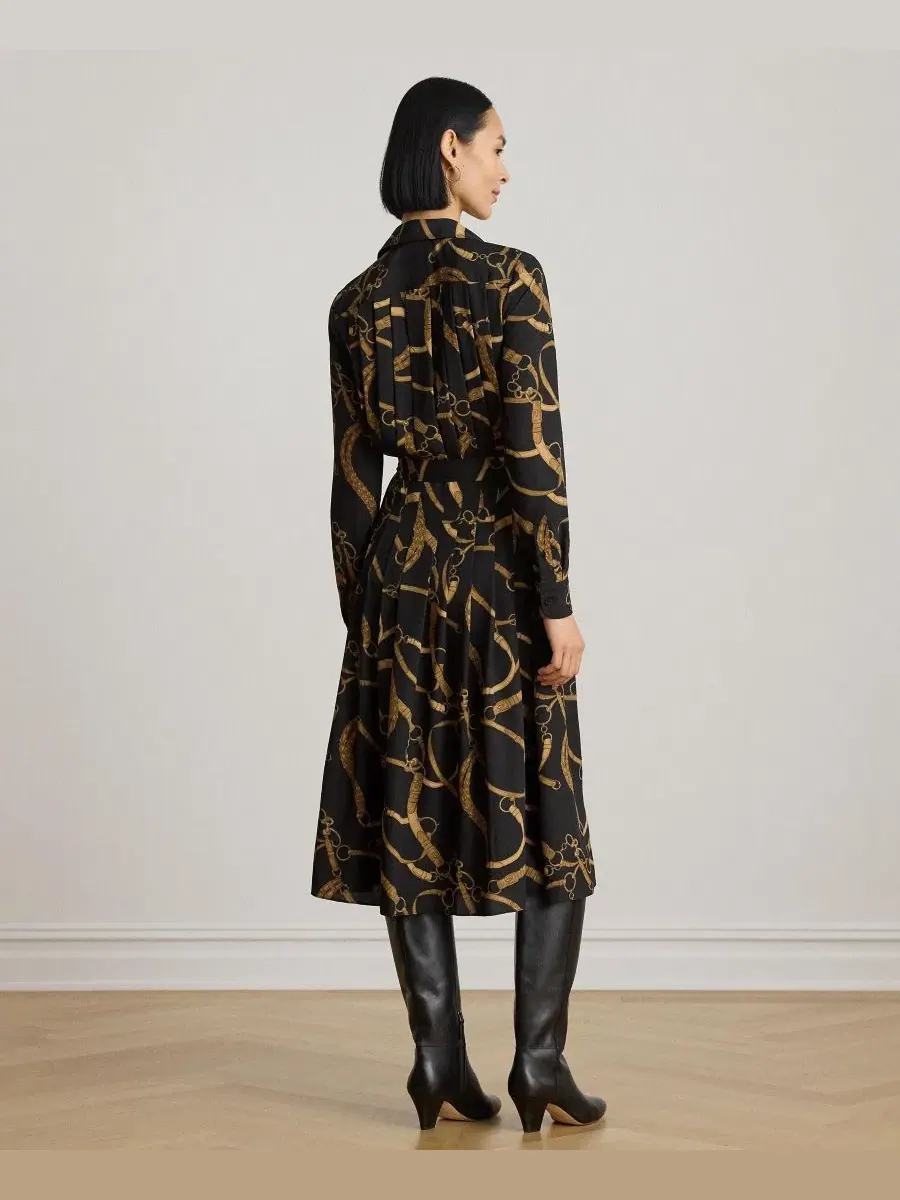 Платье-рубашка с поясом Belting Print Pleated Lauren Ralph Lauren — изображение 5 из 7, черный/бежевый