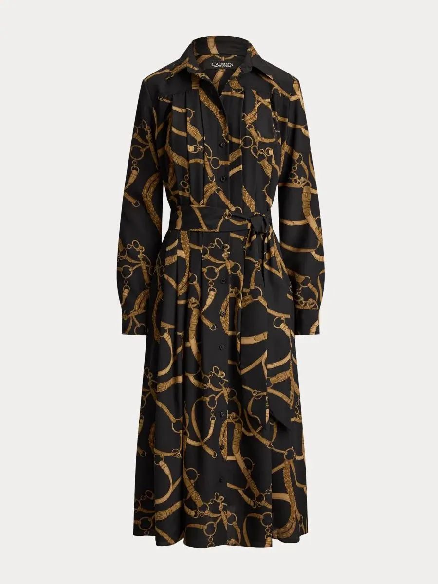Платье-рубашка с поясом Belting Print Pleated Lauren Ralph Lauren — изображение 6 из 7, черный/бежевый