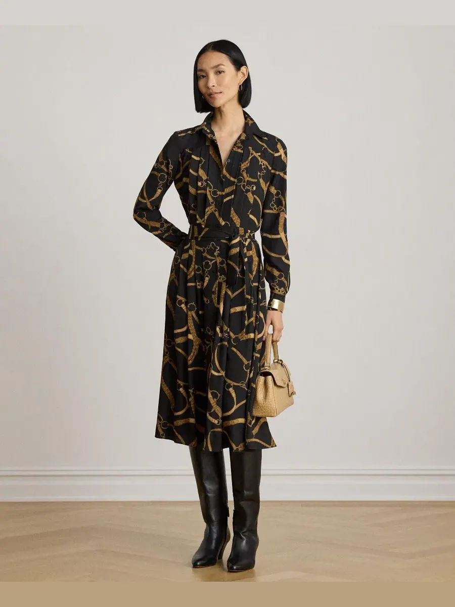 Платье-рубашка с поясом Belting Print Pleated Lauren Ralph Lauren — изображение 7 из 7, черный/бежевый