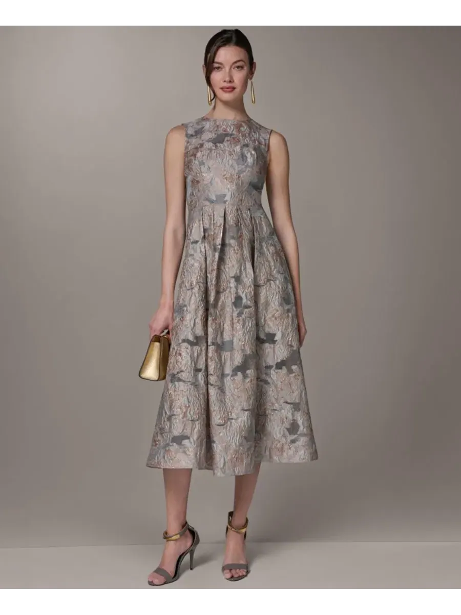 Платье-трапеция миди с воротником-стойкой Jacquard Crew Neck Midi Fit & Flare Donna Karan New York