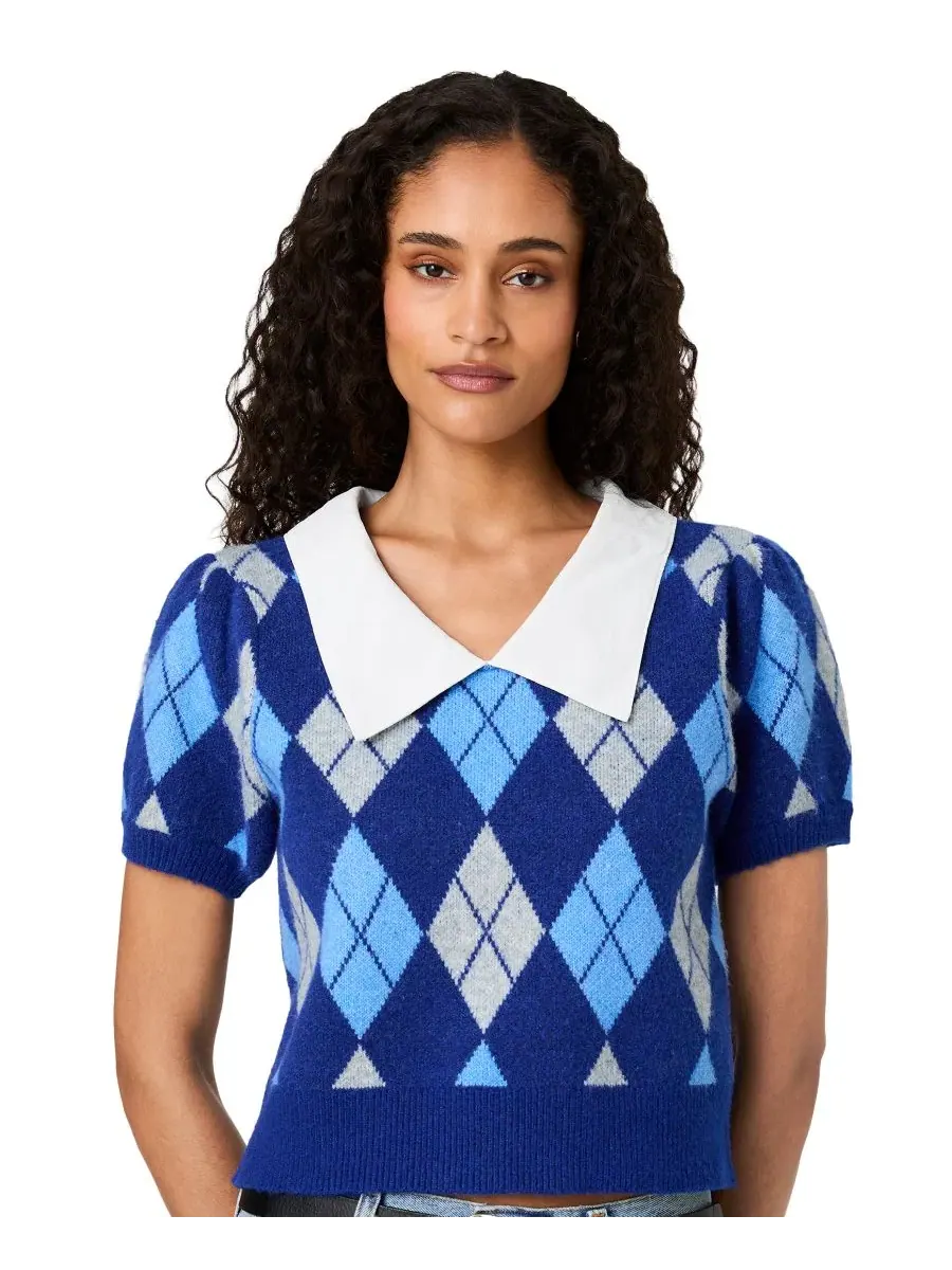 Топ с воротником, коротким пышным рукавом, в клетку аргайл, Koda Puff-Sleeve Argyle-Jacquard — изображение 1 из 7