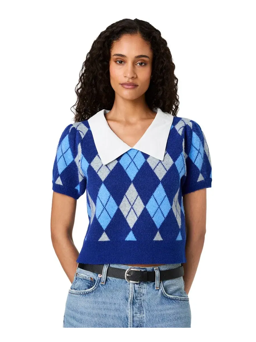 Топ с воротником, коротким пышным рукавом, в клетку аргайл, Koda Puff-Sleeve Argyle-Jacquard — изображение 2 из 7