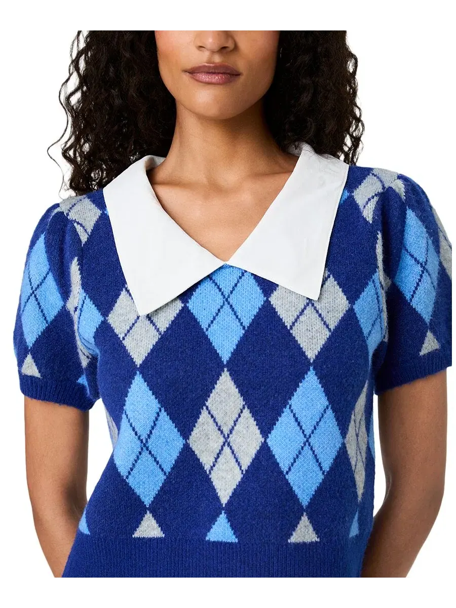 Топ с воротником, коротким пышным рукавом, в клетку аргайл, Koda Puff-Sleeve Argyle-Jacquard — изображение 6 из 7